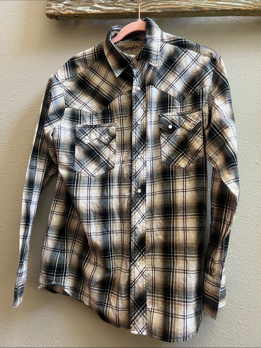 Wrangler Black, White & Brown Plaid Snap Western Shirt